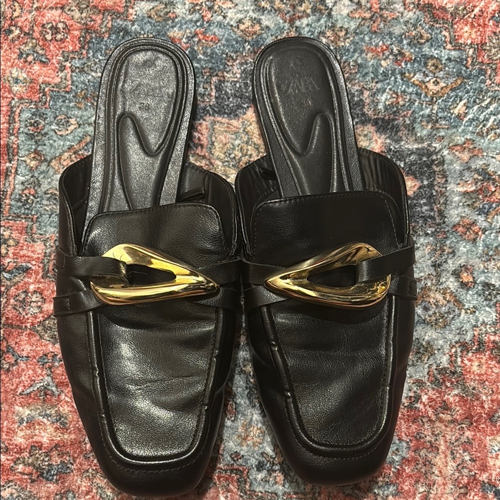 Zara Black Leather Loafers with Gold Detail